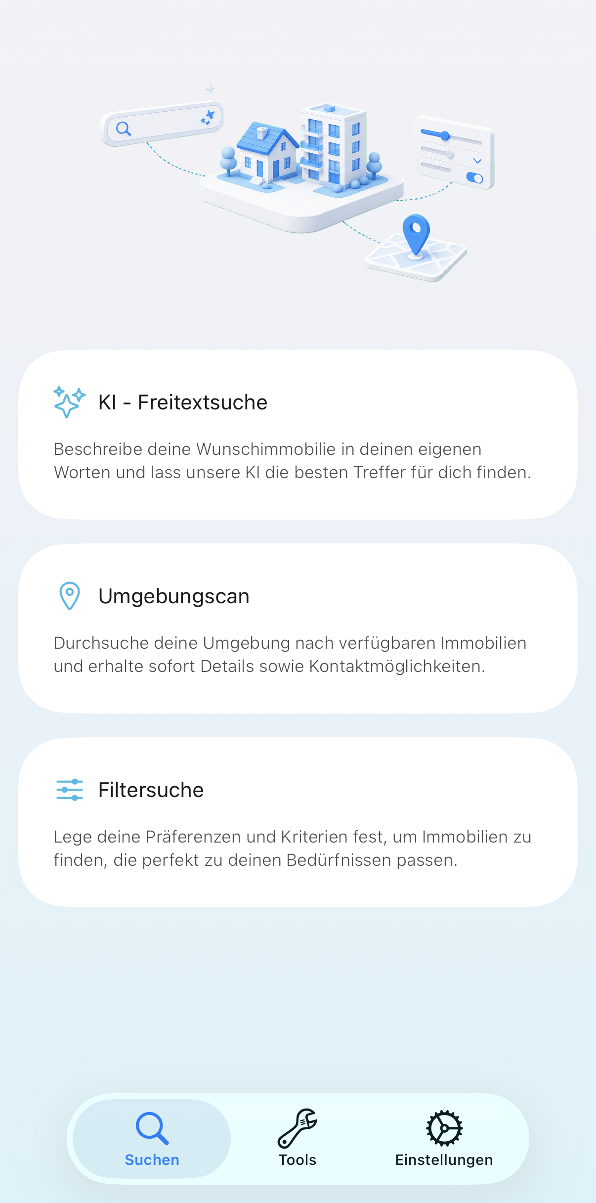 Echte Ansichten der Allimmo APP: Filter „Ausstattung“, Objektarten und Suchbereich auf der Karte