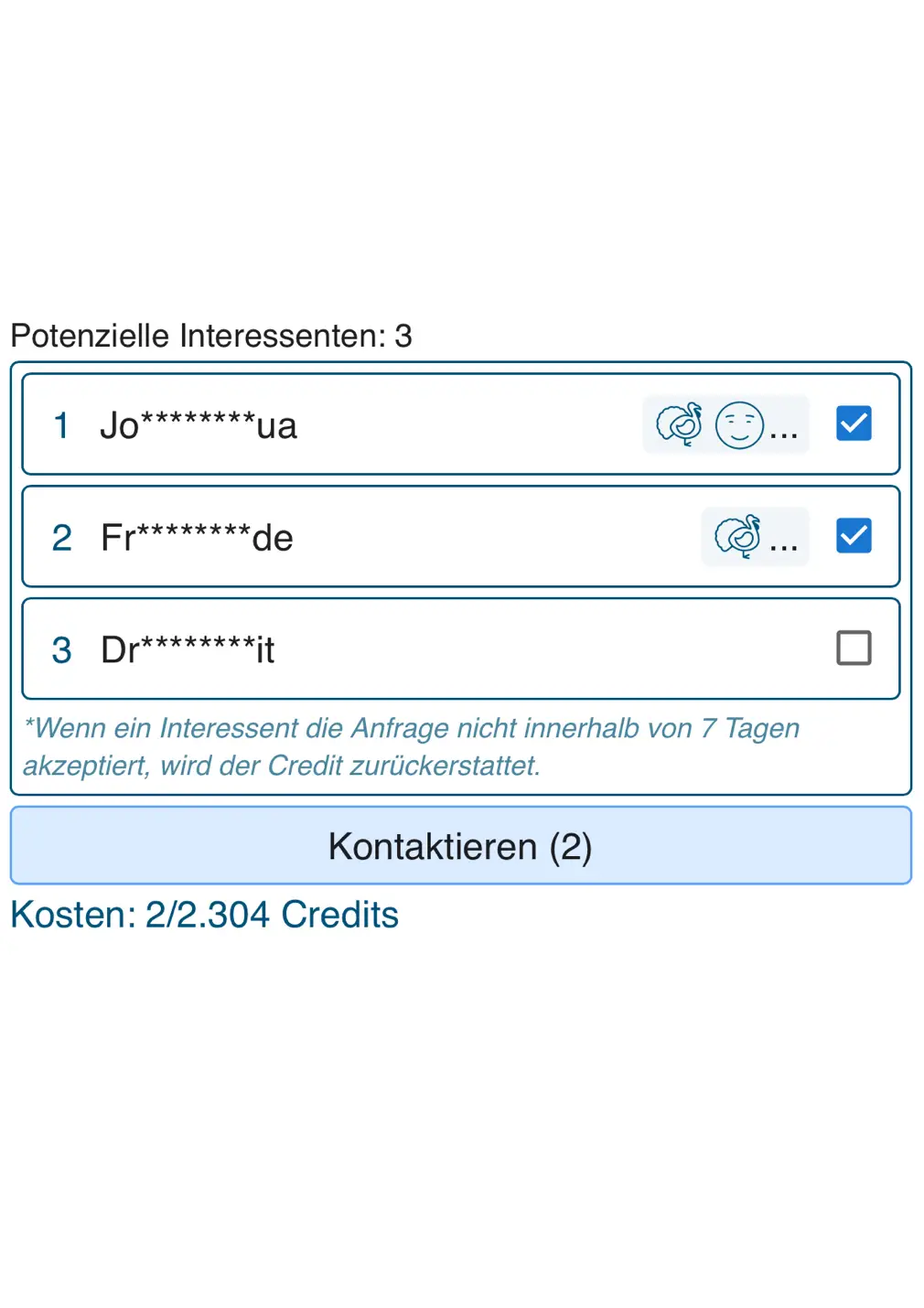 Liste passender Interessenten für eine Immobilie.